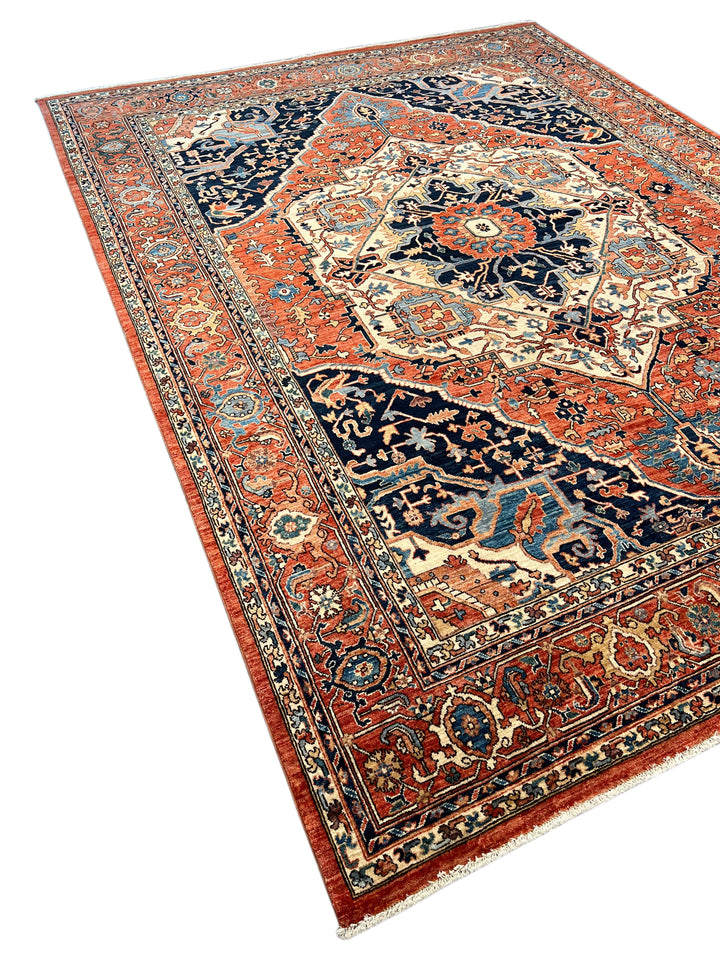 Navy, Rust &amp; Ivory Heriz Style Wool Rug – 8’11” x 11’11”