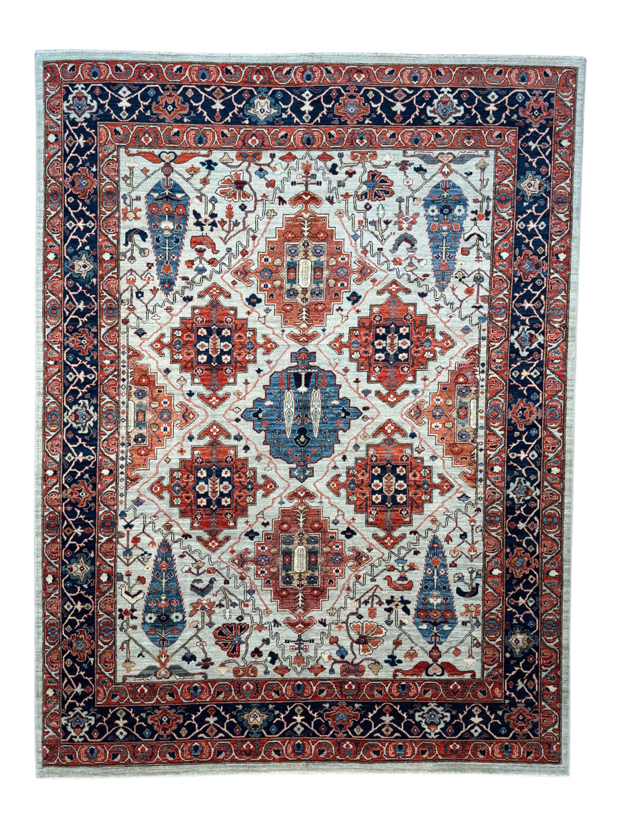 Ivory, Rust & Navy Geometric Wool Rug – 8’10” x 11’9”