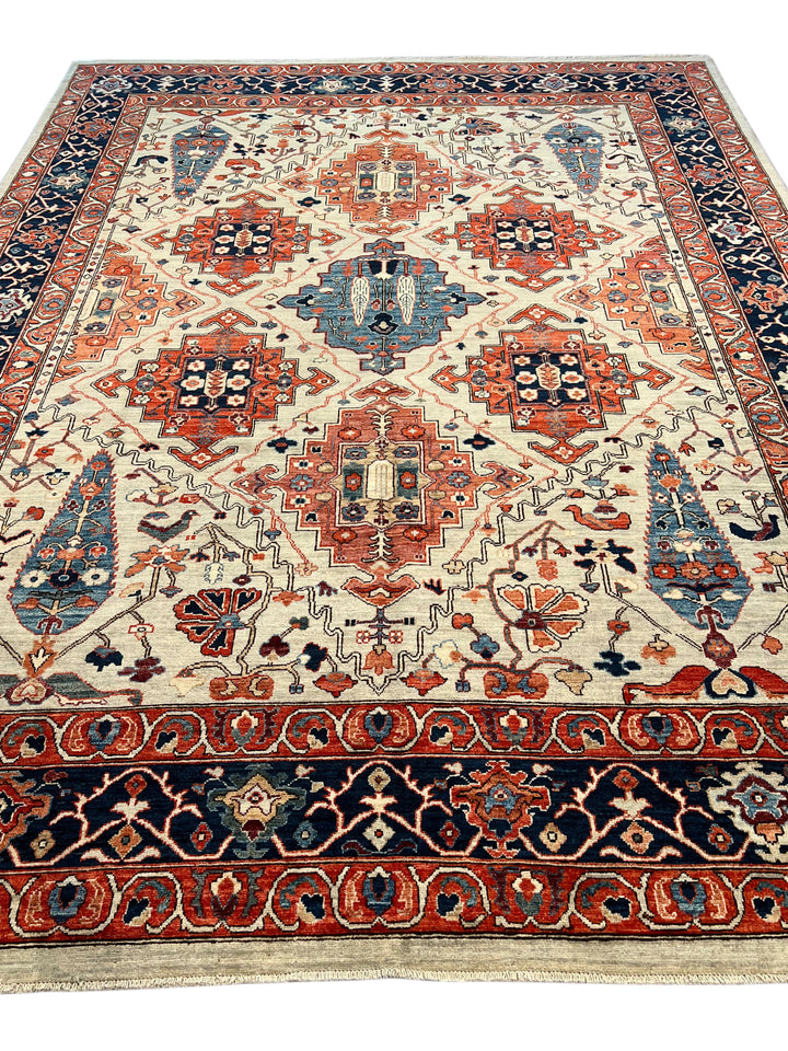 Ivory, Rust &amp; Navy Geometric Wool Rug – 8’10” x 11’9”