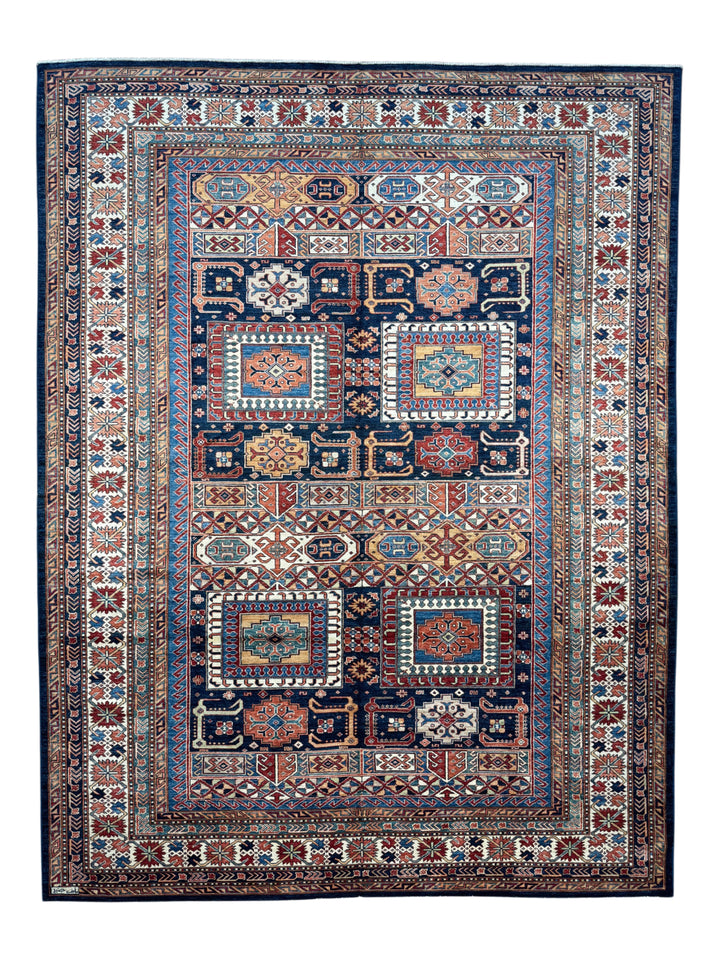 Navy, Rust &amp; Blue Kazak Style Wool Rug – 9’2” x 12’0”