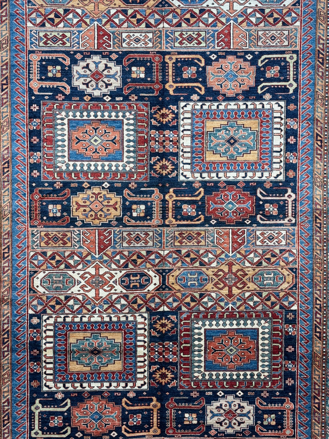 Navy, Rust &amp; Blue Kazak Style Wool Rug – 9’2” x 12’0”