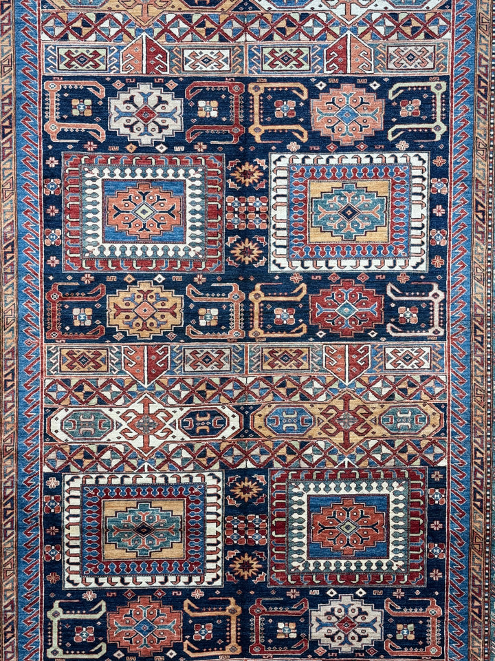 Navy, Rust &amp; Blue Kazak Style Wool Rug – 9’2” x 12’0”