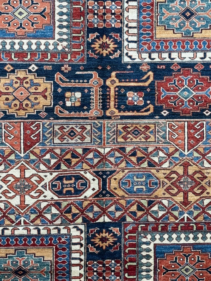 Navy, Rust &amp; Blue Kazak Style Wool Rug – 9’2” x 12’0”