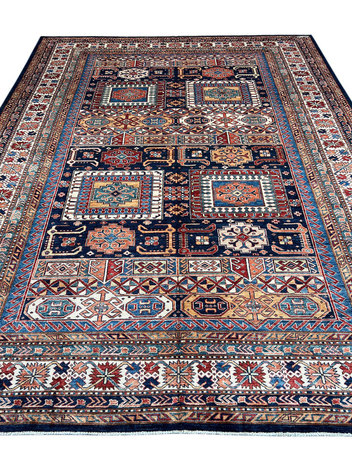 Navy, Rust &amp; Blue Kazak Style Wool Rug – 9’2” x 12’0”