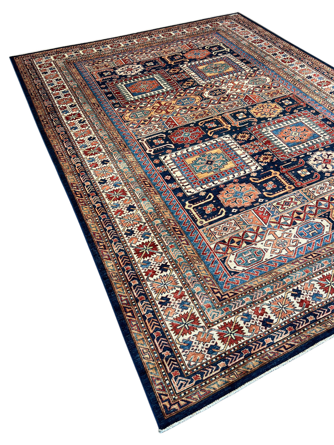 Navy, Rust &amp; Blue Kazak Style Wool Rug – 9’2” x 12’0”