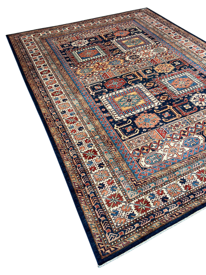 Navy, Rust &amp; Blue Kazak Style Wool Rug – 9’2” x 12’0”