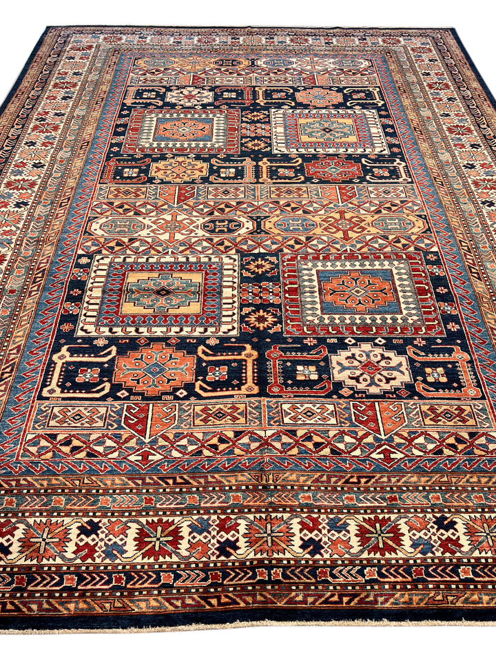 Navy, Rust &amp; Blue Kazak Style Wool Rug – 9’2” x 12’0”