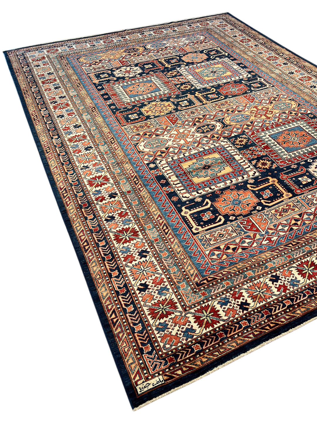 Navy, Rust &amp; Blue Kazak Style Wool Rug – 9’2” x 12’0”