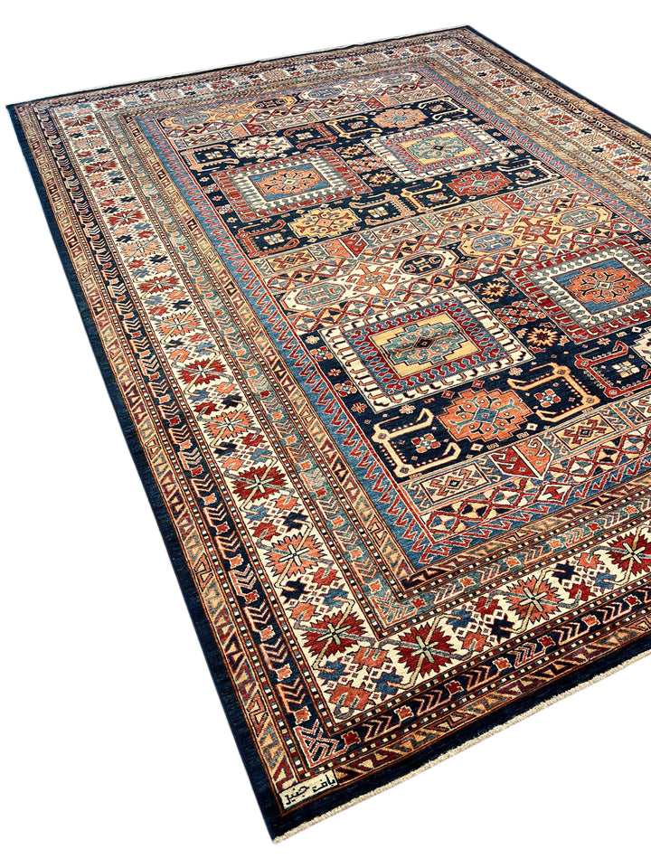 Navy, Rust &amp; Blue Kazak Style Wool Rug – 9’2” x 12’0”