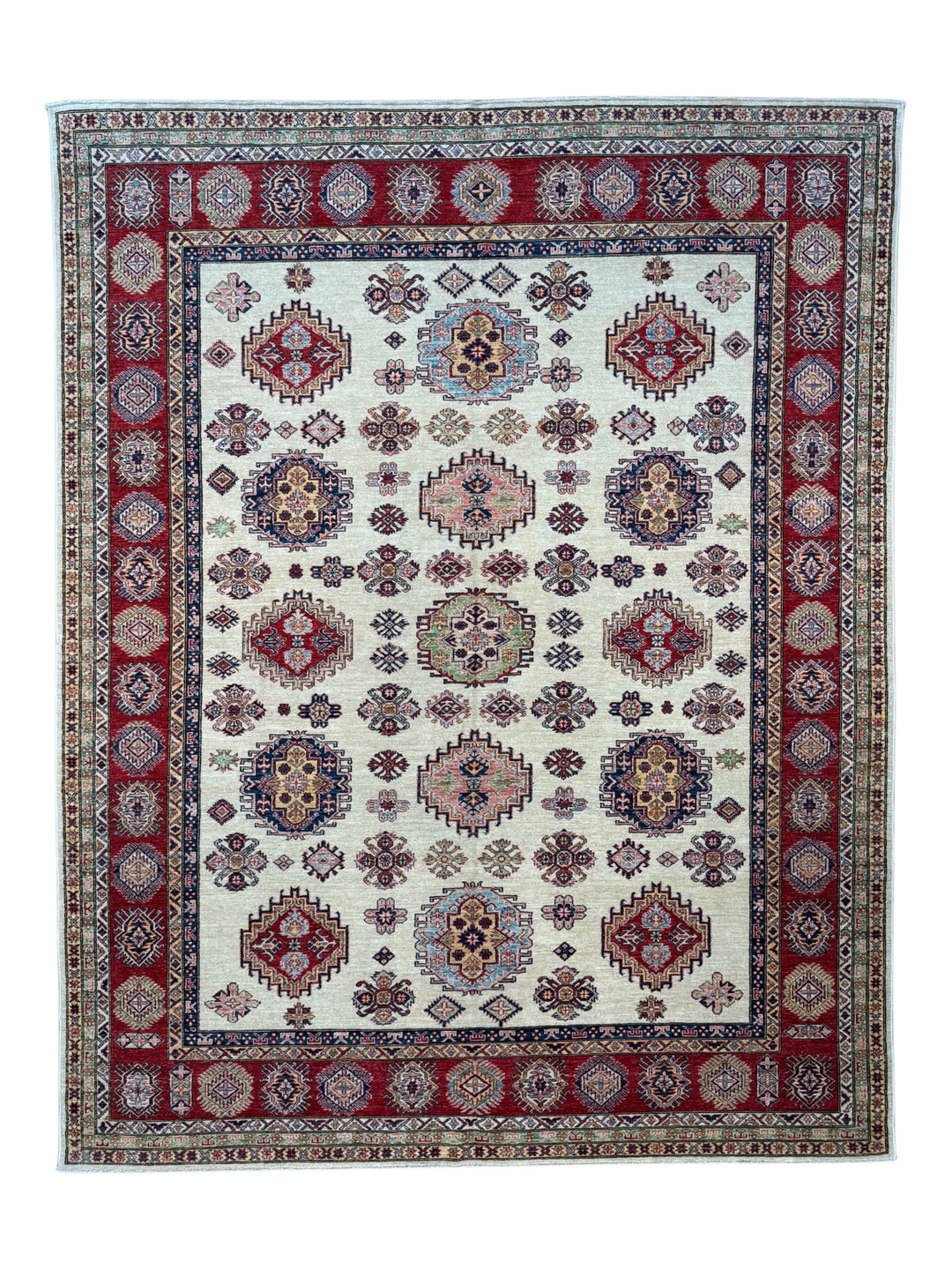 Ivory, Red &amp; Navy Kazak Style Wool Rug – 9’0” x 11’5”