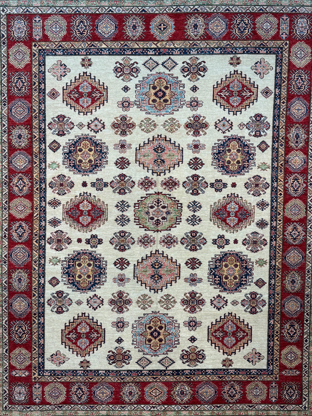 Ivory, Red &amp; Navy Kazak Style Wool Rug – 9’0” x 11’5”