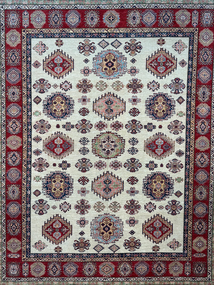 Ivory, Red &amp; Navy Kazak Style Wool Rug – 9’0” x 11’5”