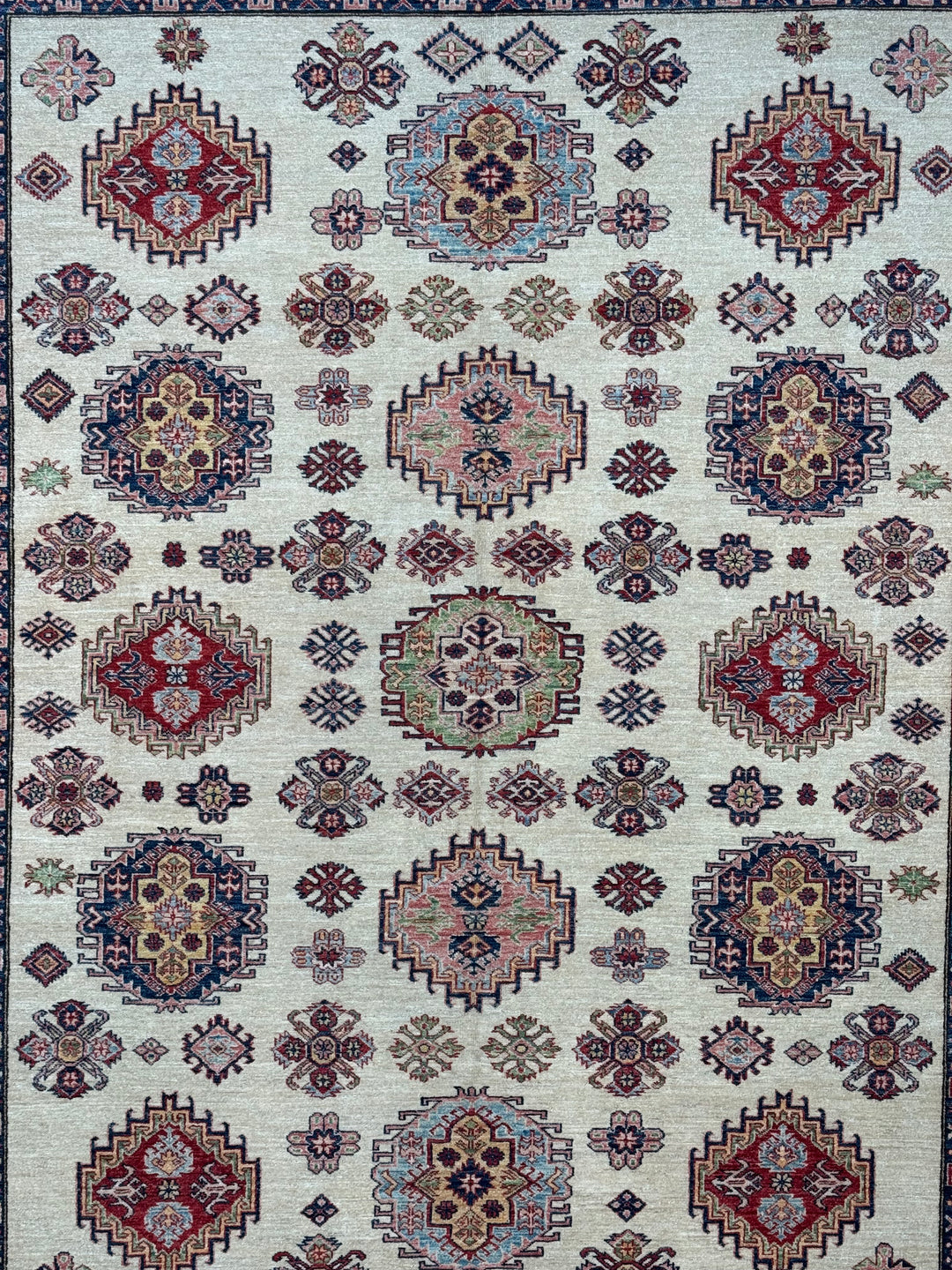 Ivory, Red &amp; Navy Kazak Style Wool Rug – 9’0” x 11’5”