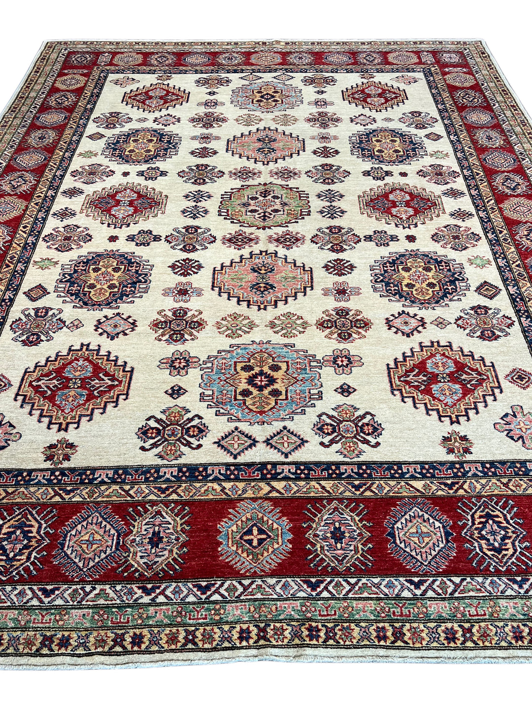 Ivory, Red &amp; Navy Kazak Style Wool Rug – 9’0” x 11’5”