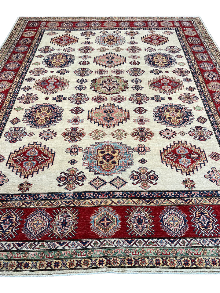 Ivory, Red &amp; Navy Kazak Style Wool Rug – 9’0” x 11’5”