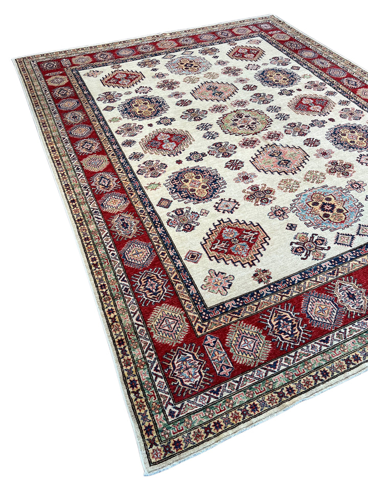 Ivory, Red &amp; Navy Kazak Style Wool Rug – 9’0” x 11’5”