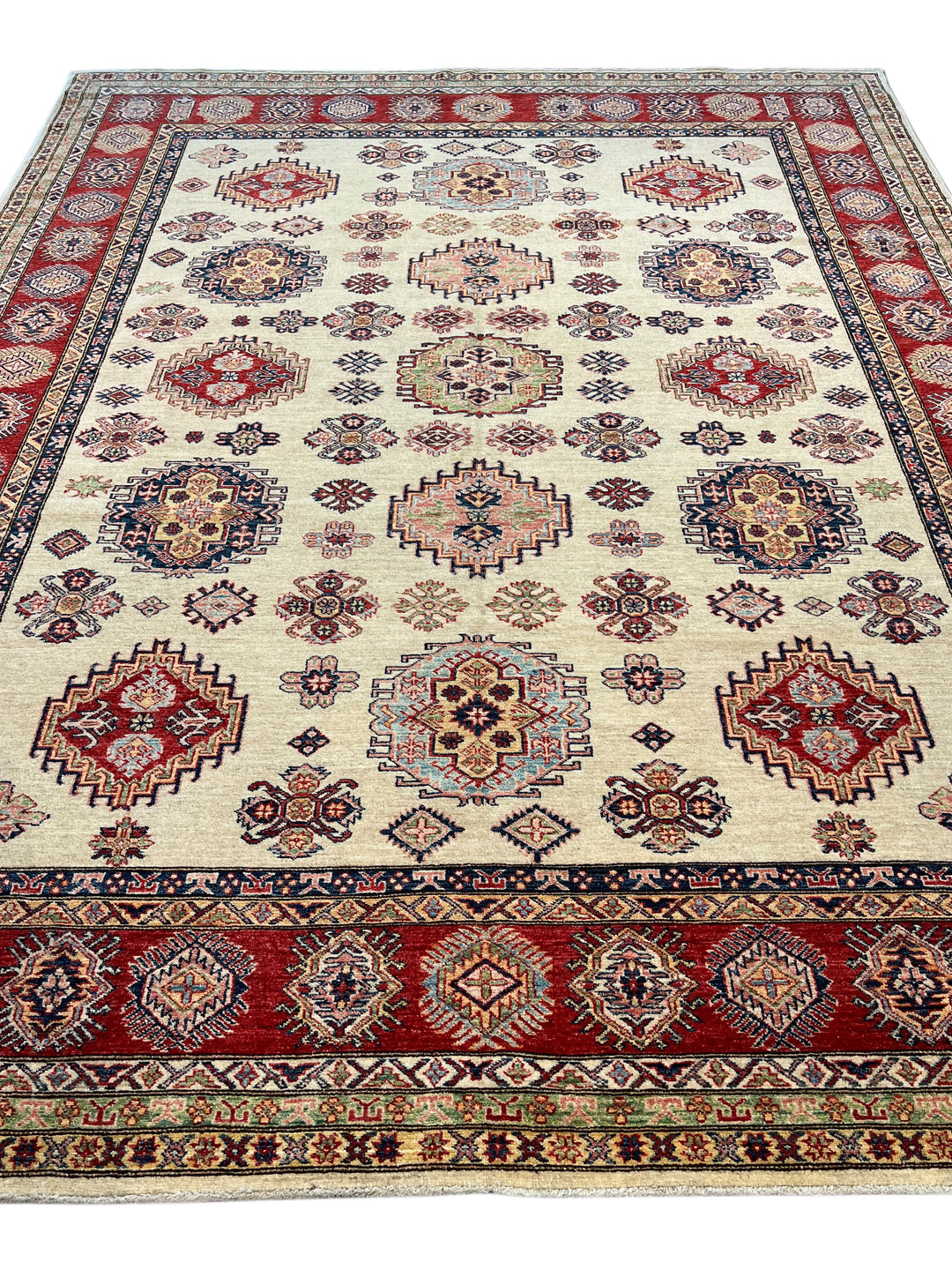 Ivory, Red &amp; Navy Kazak Style Wool Rug – 9’0” x 11’5”