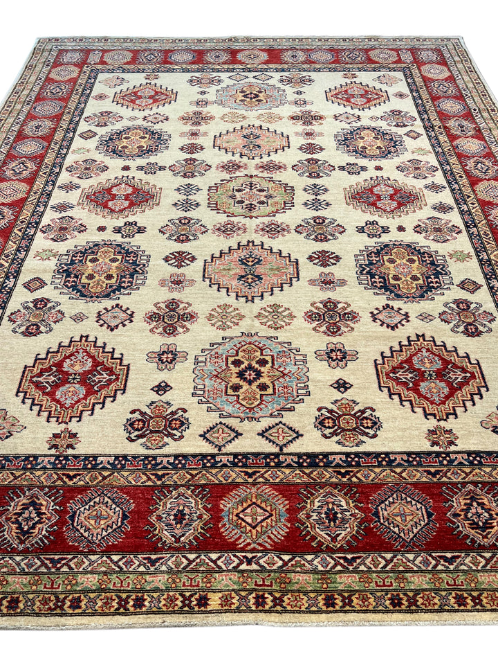 Ivory, Red &amp; Navy Kazak Style Wool Rug – 9’0” x 11’5”