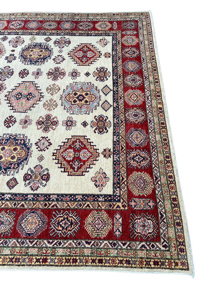 Ivory, Red &amp; Navy Kazak Style Wool Rug – 9’0” x 11’5”