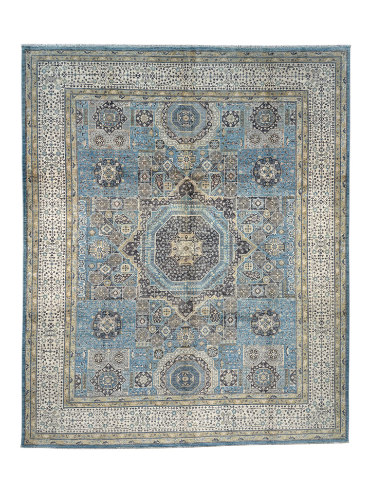 Sky Blue &amp; Ivory Geometric Medallion Wool Rug – 8’3” x 10’2”