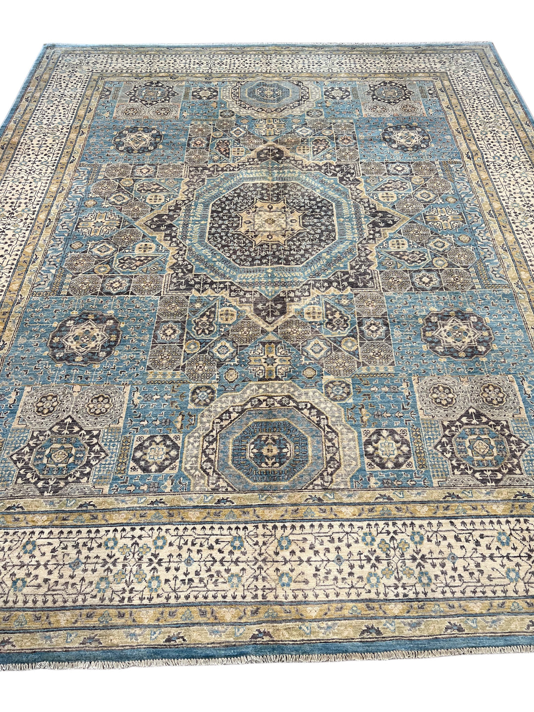 Sky Blue &amp; Ivory Geometric Medallion Wool Rug – 8’3” x 10’2”