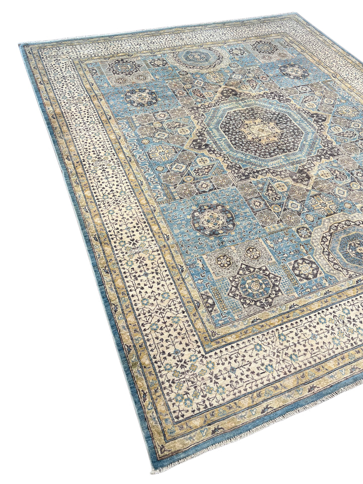 Sky Blue &amp; Ivory Geometric Medallion Wool Rug – 8’3” x 10’2”