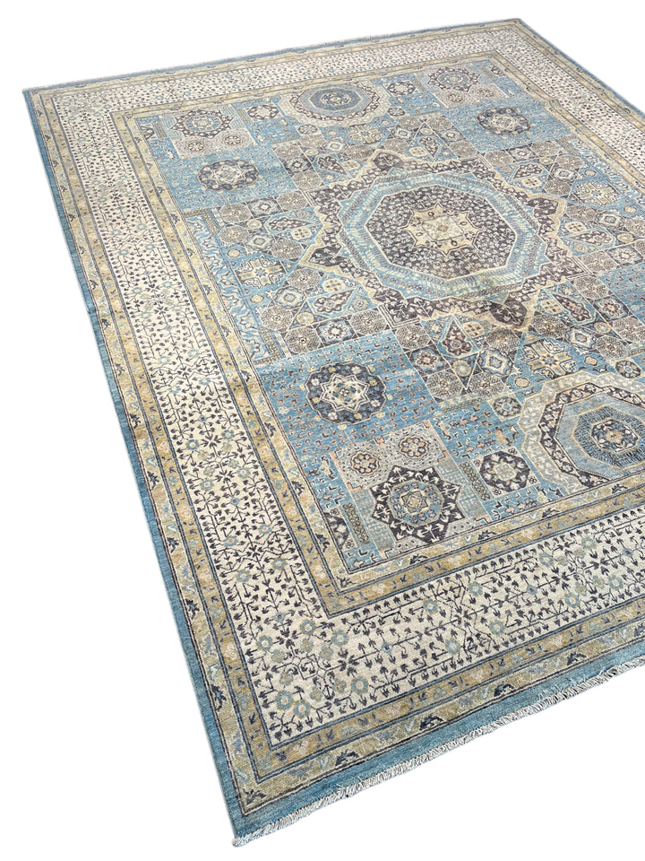 Sky Blue &amp; Ivory Geometric Medallion Wool Rug – 8’3” x 10’2”