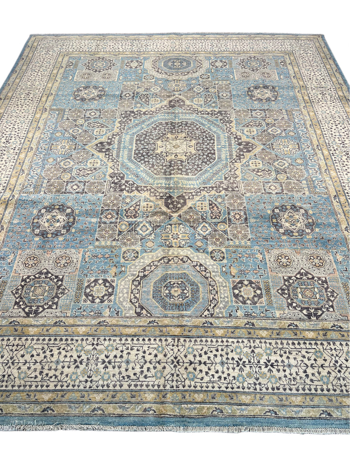 Sky Blue &amp; Ivory Geometric Medallion Wool Rug – 8’3” x 10’2”