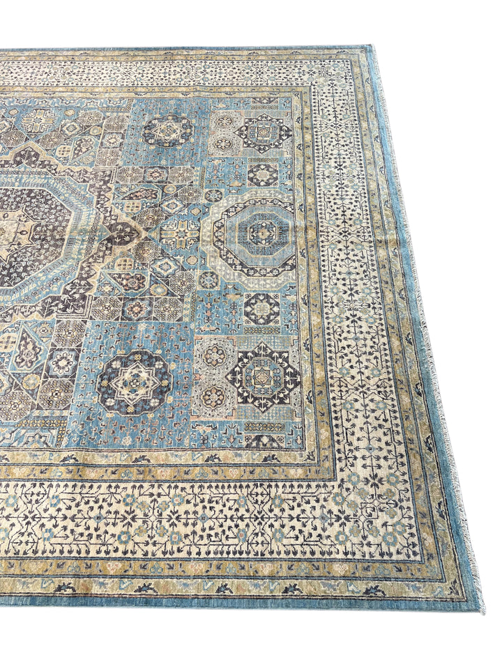 Sky Blue &amp; Ivory Geometric Medallion Wool Rug – 8’3” x 10’2”