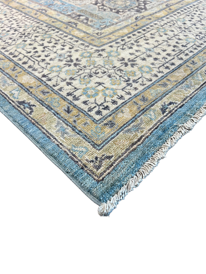 Sky Blue &amp; Ivory Geometric Medallion Wool Rug – 8’3” x 10’2”