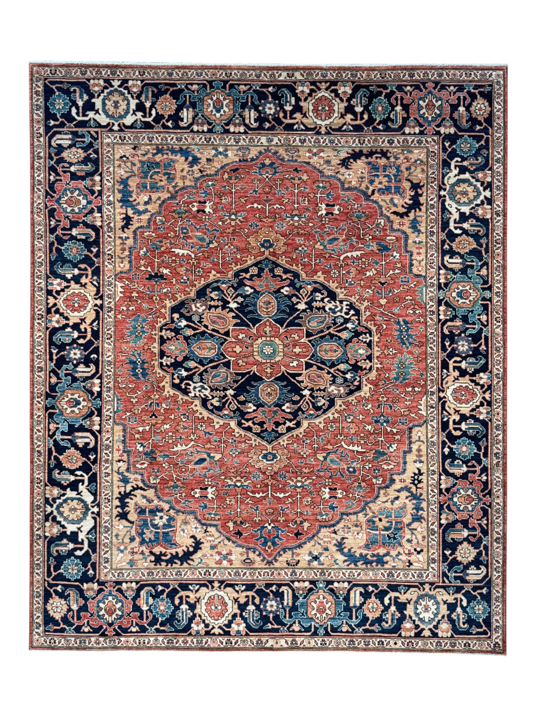 Rust &amp; Navy Floral Medallion Wool Rug – 8’0” x 9’10”