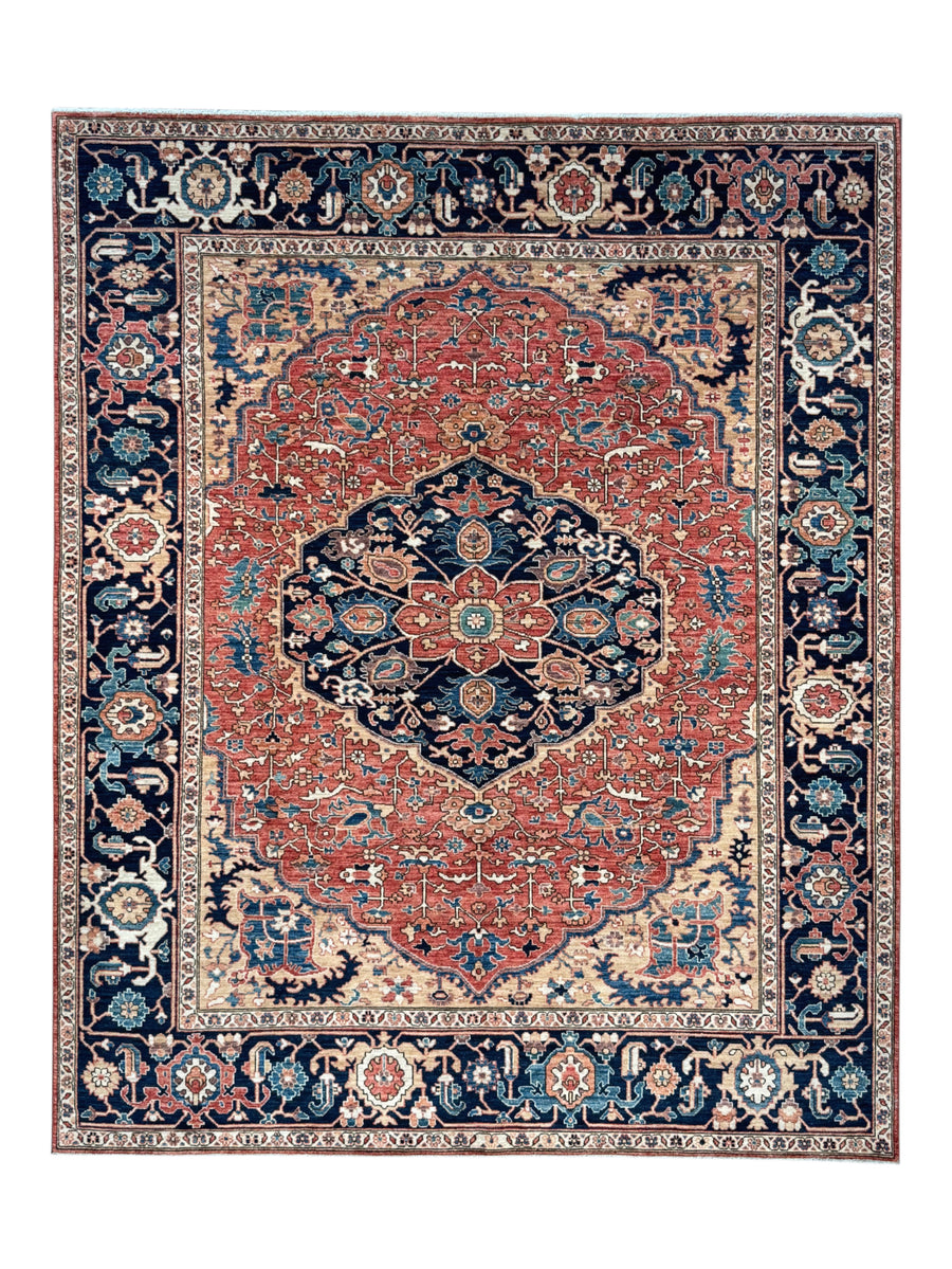 Rust & Navy Floral Medallion Wool Rug – 8’0” x 9’10”
