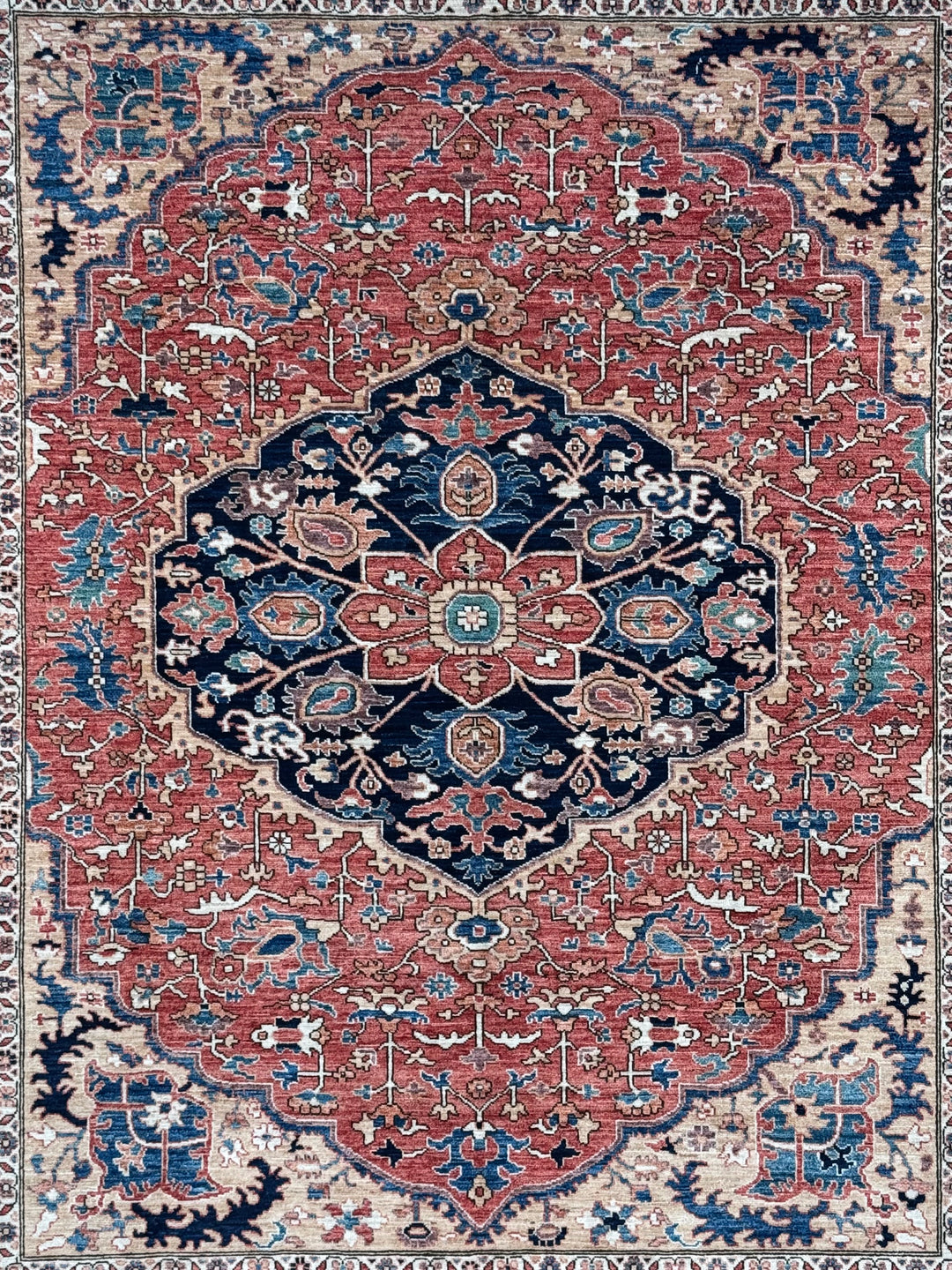 Rust &amp; Navy Floral Medallion Wool Rug – 8’0” x 9’10”