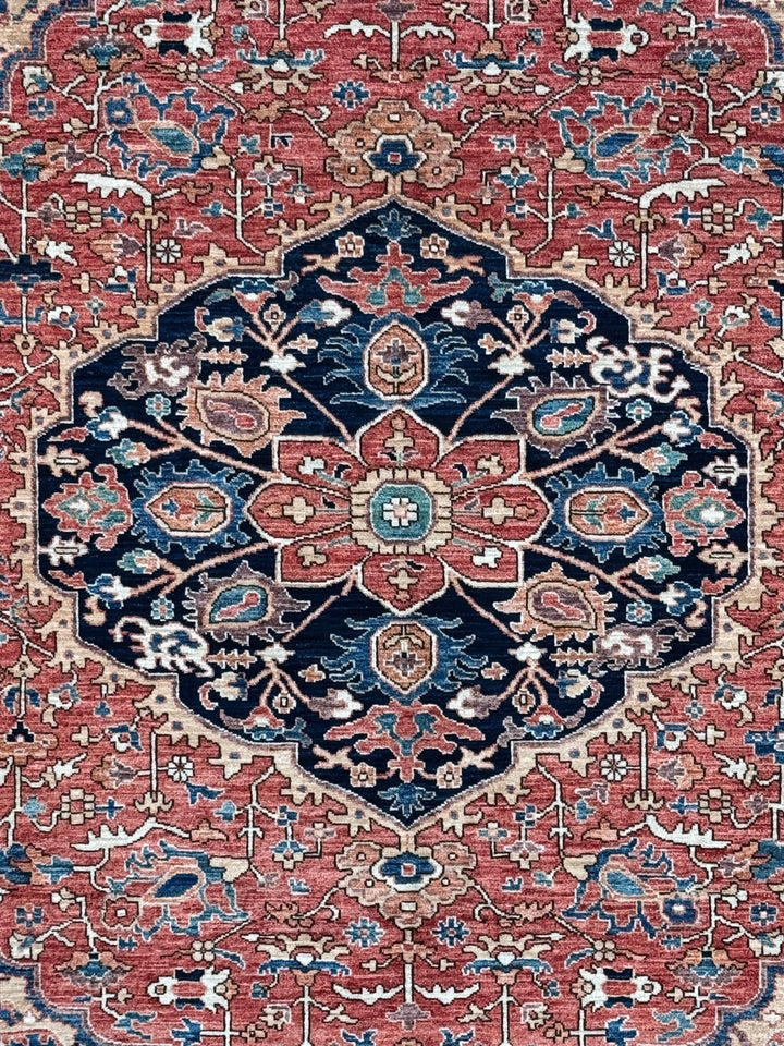 Rust &amp; Navy Floral Medallion Wool Rug – 8’0” x 9’10”