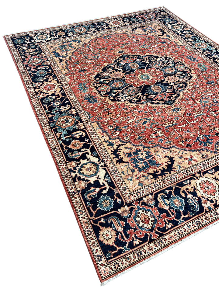 Rust &amp; Navy Floral Medallion Wool Rug – 8’0” x 9’10”