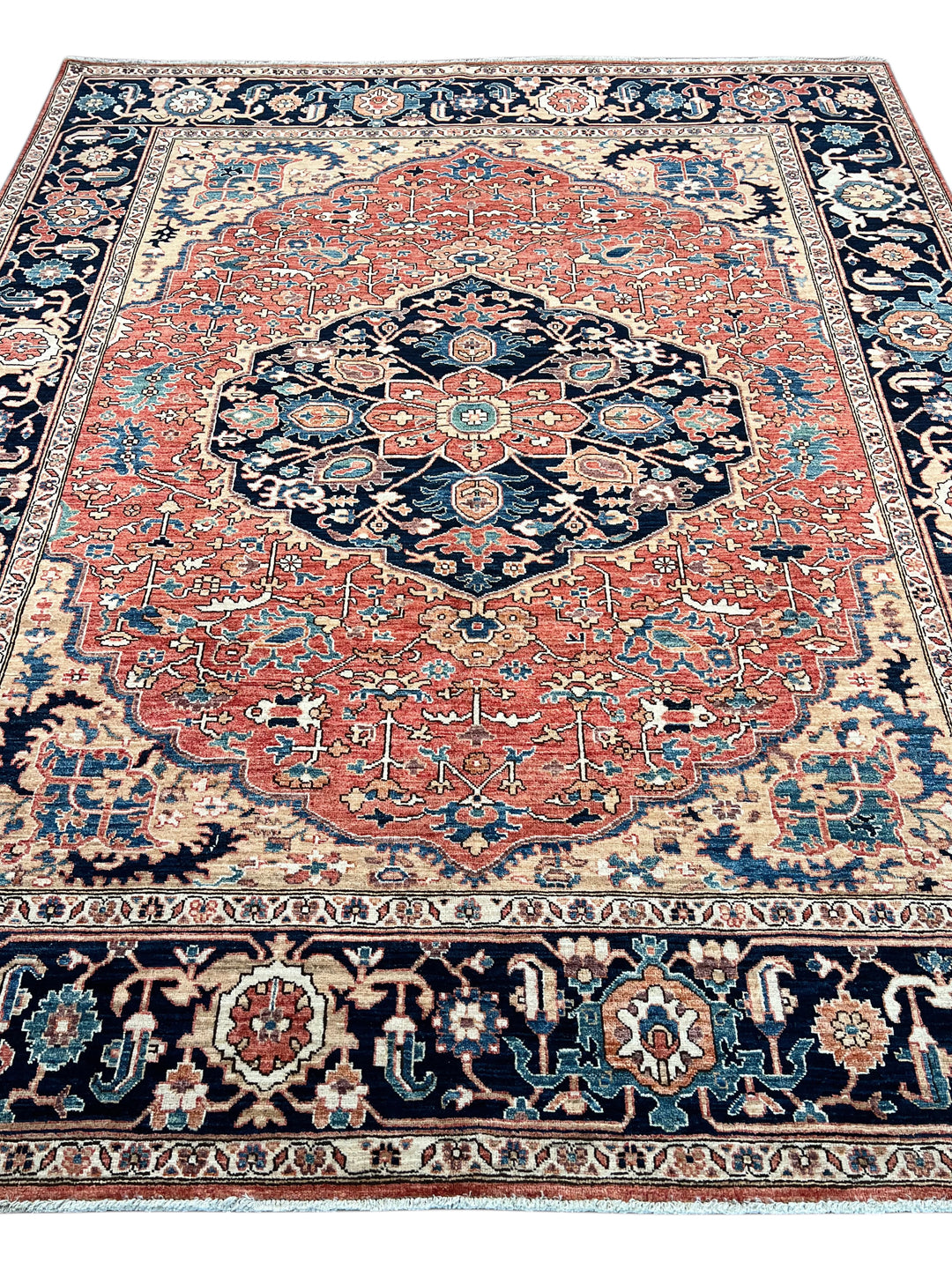 Rust &amp; Navy Floral Medallion Wool Rug – 8’0” x 9’10”