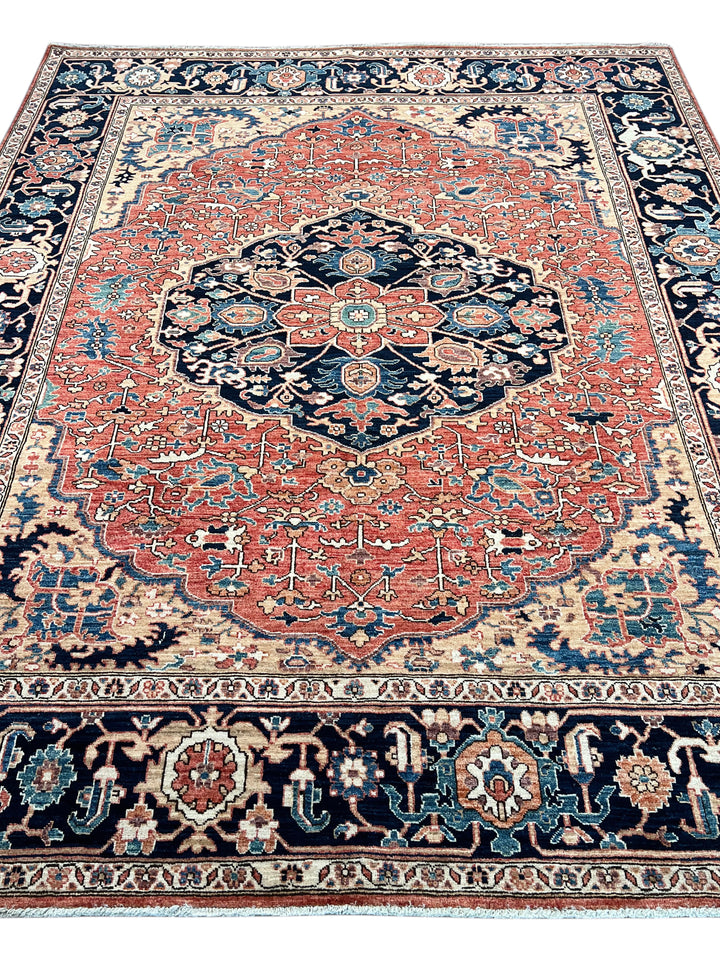 Rust &amp; Navy Floral Medallion Wool Rug – 8’0” x 9’10”