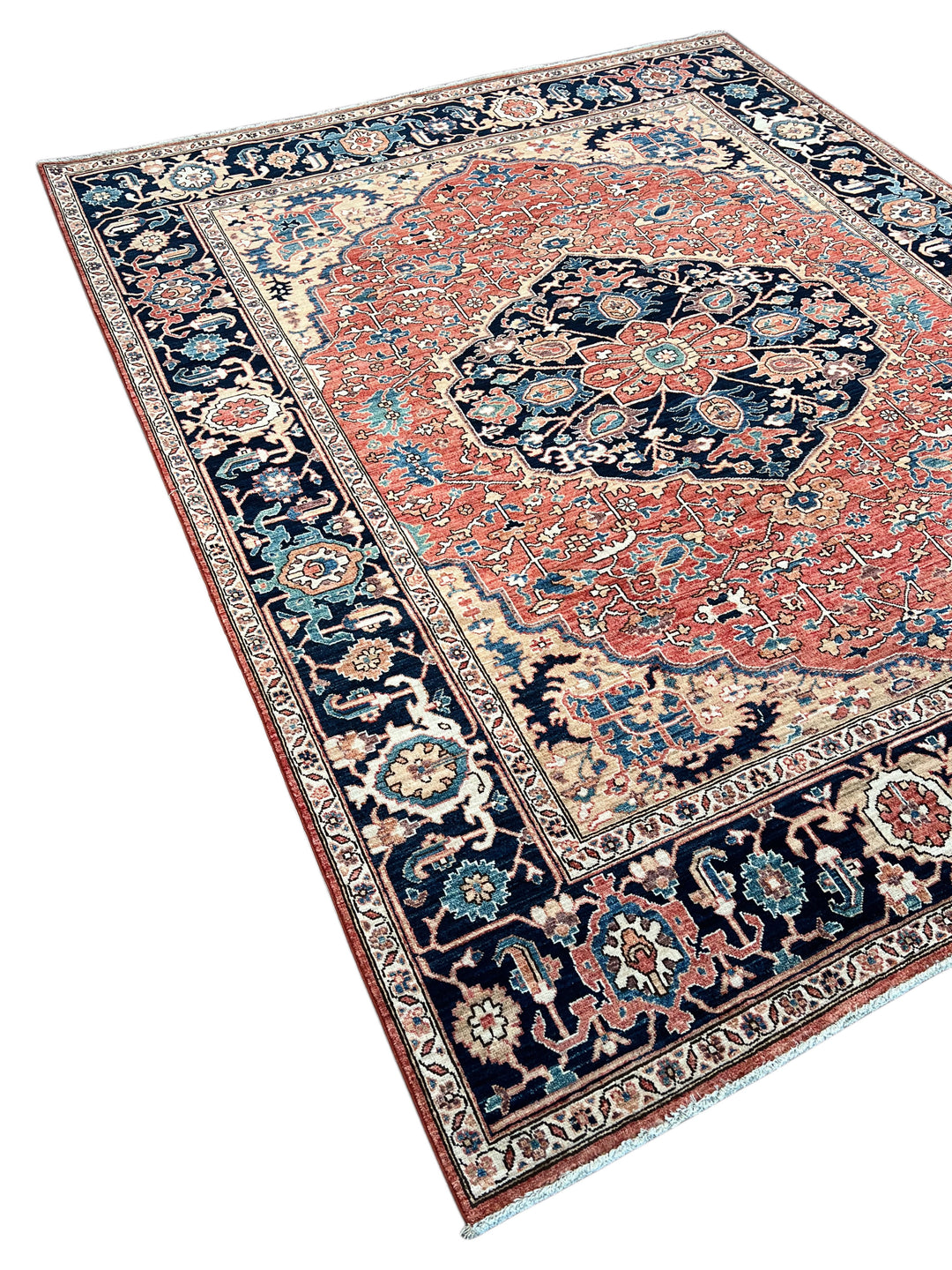 Rust &amp; Navy Floral Medallion Wool Rug – 8’0” x 9’10”