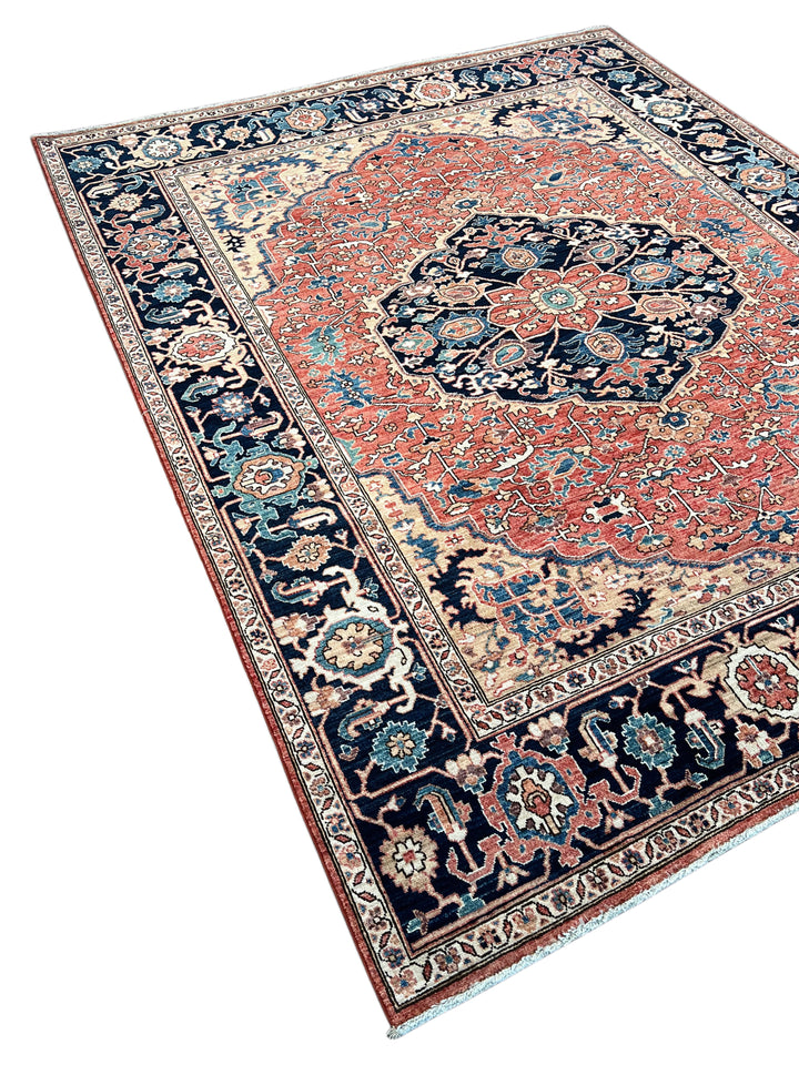 Rust &amp; Navy Floral Medallion Wool Rug – 8’0” x 9’10”