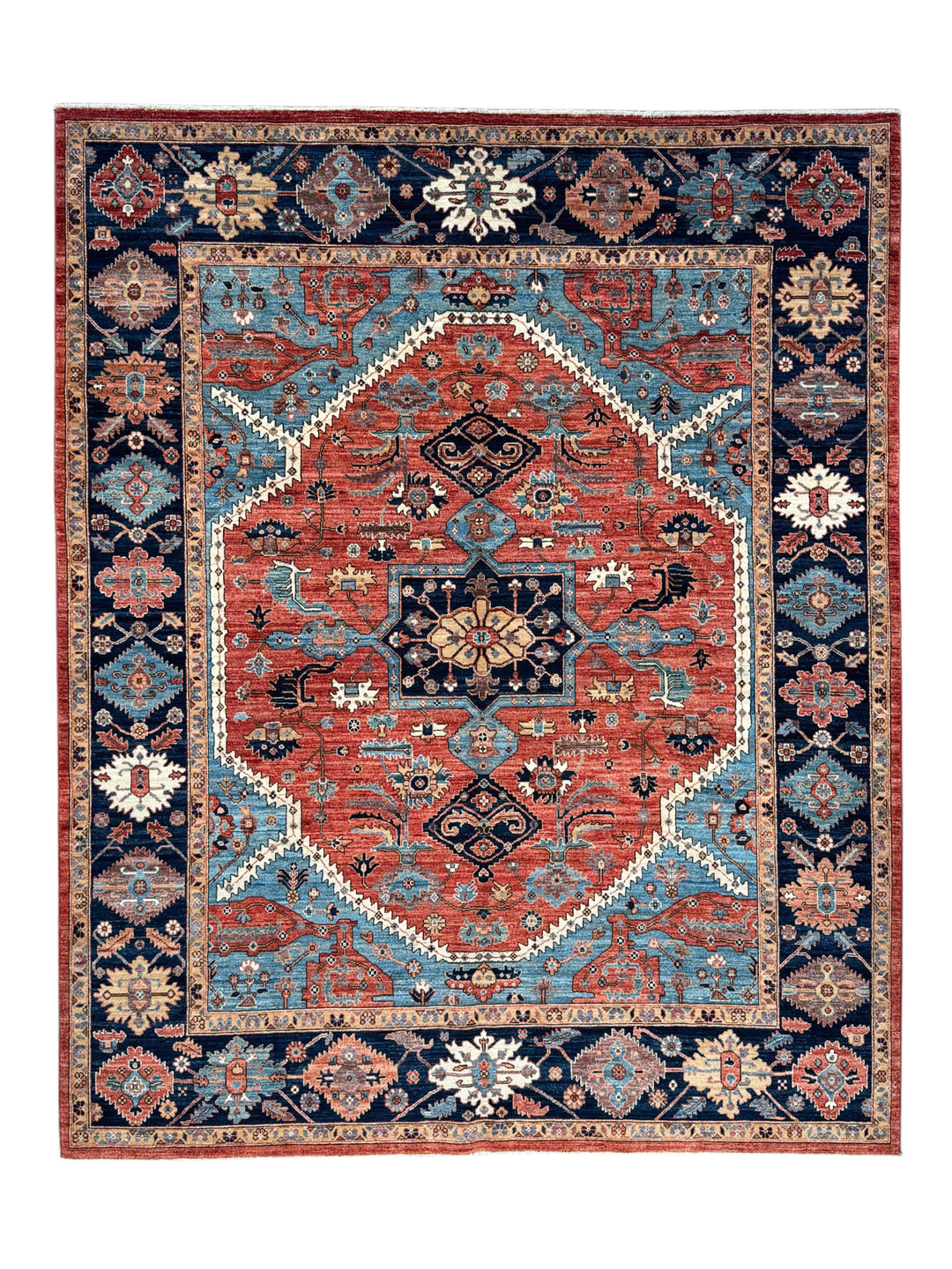 Terracotta &amp; Blue Geometric Medallion Wool Rug – 8’0” x 9’10”