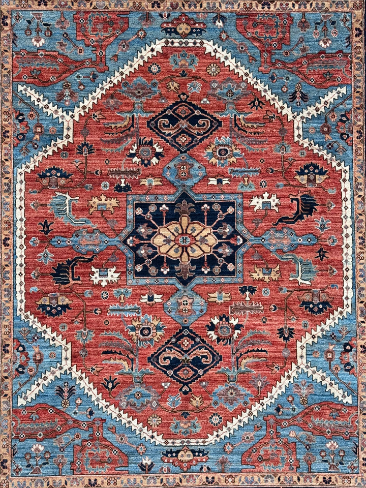 Terracotta &amp; Blue Geometric Medallion Wool Rug – 8’0” x 9’10”