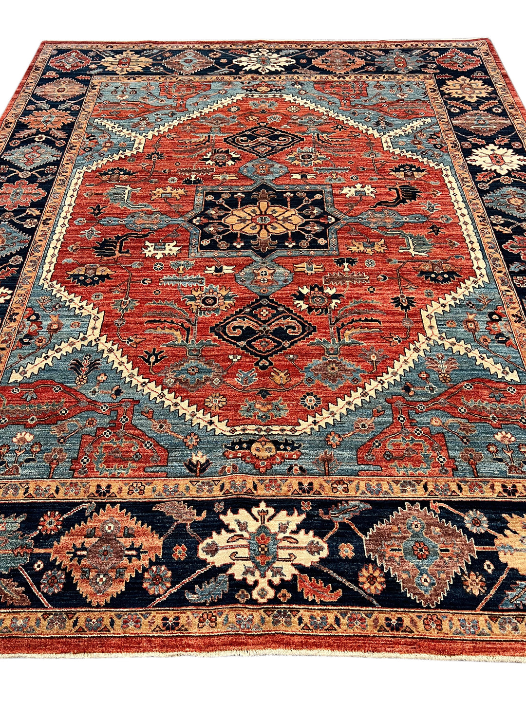 Terracotta &amp; Blue Geometric Medallion Wool Rug – 8’0” x 9’10”