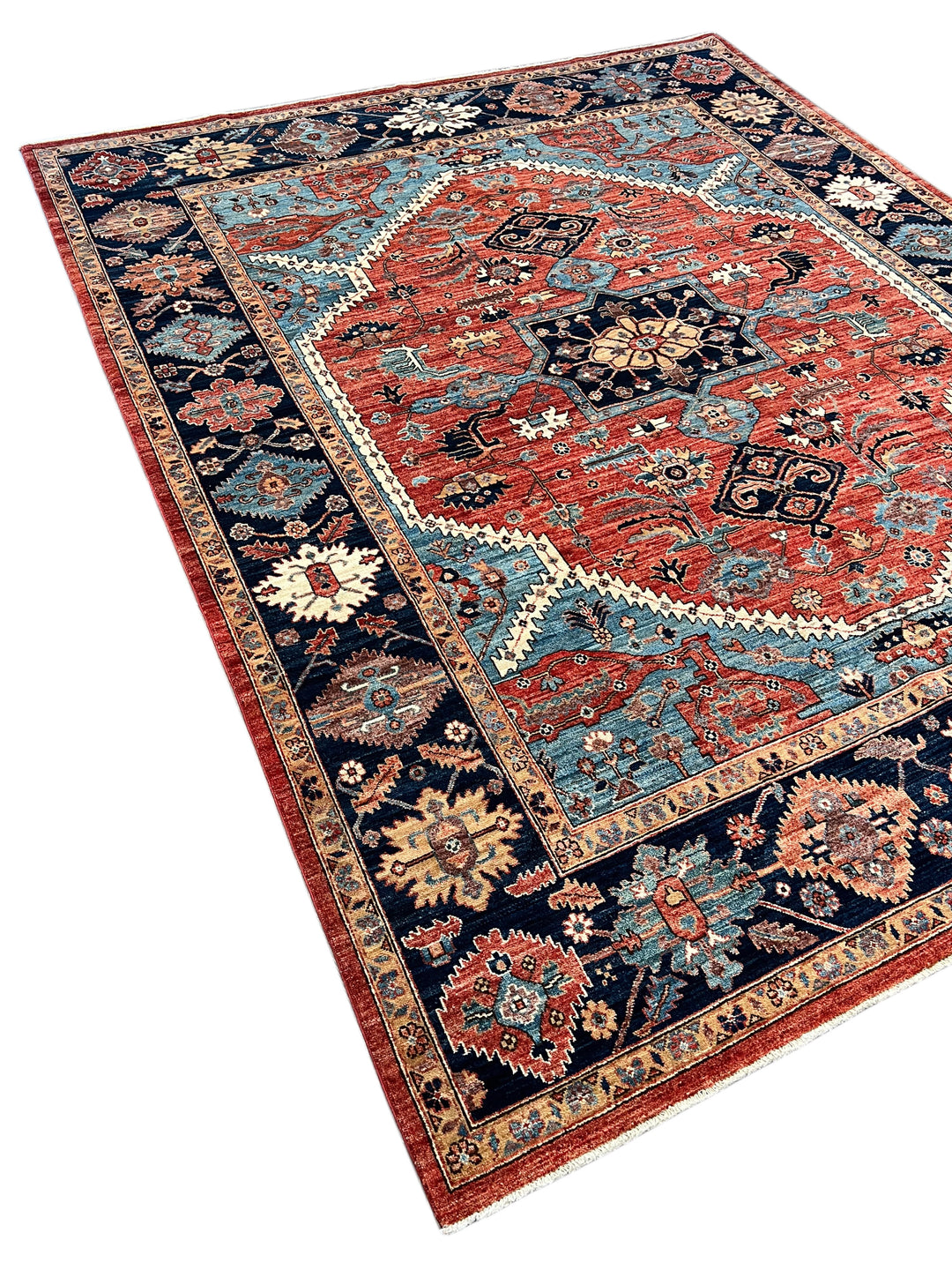 Terracotta &amp; Blue Geometric Medallion Wool Rug – 8’0” x 9’10”