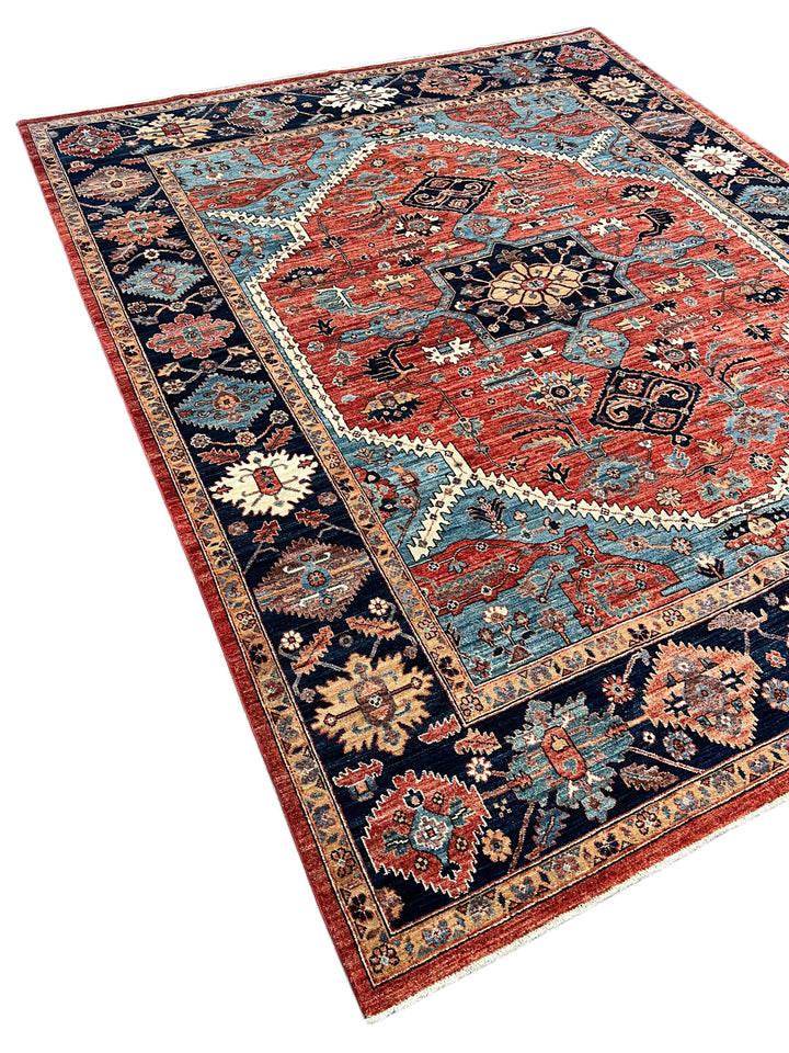 Terracotta &amp; Blue Geometric Medallion Wool Rug – 8’0” x 9’10”