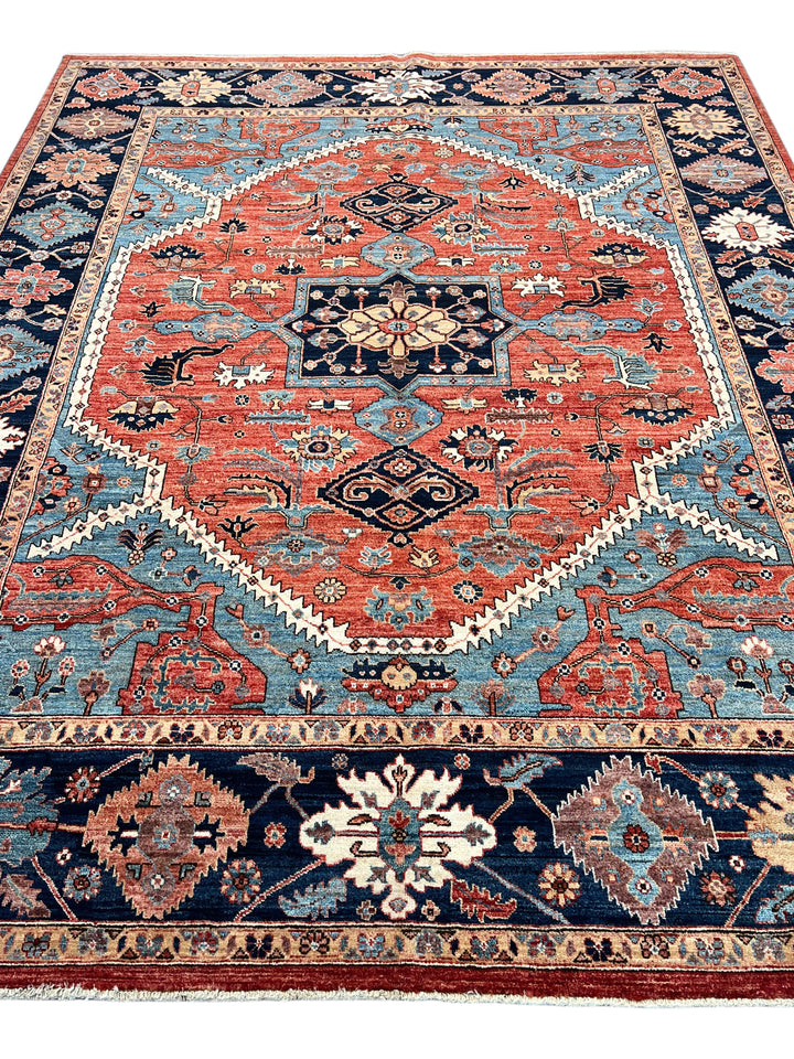 Terracotta &amp; Blue Geometric Medallion Wool Rug – 8’0” x 9’10”