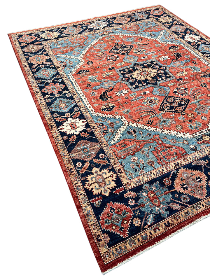 Terracotta &amp; Blue Geometric Medallion Wool Rug – 8’0” x 9’10”