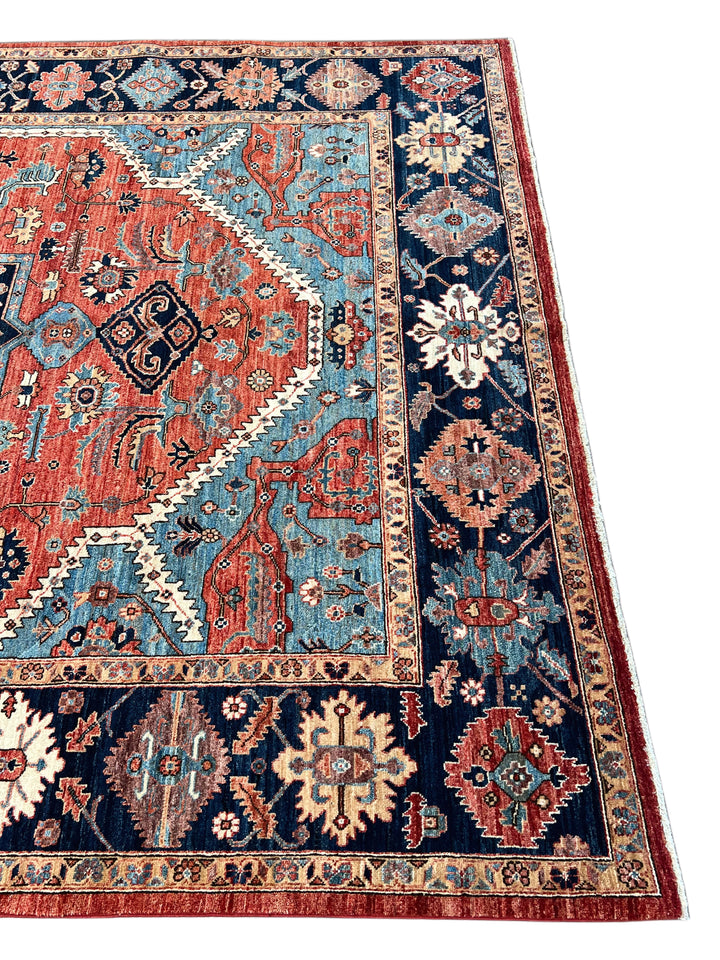 Terracotta &amp; Blue Geometric Medallion Wool Rug – 8’0” x 9’10”