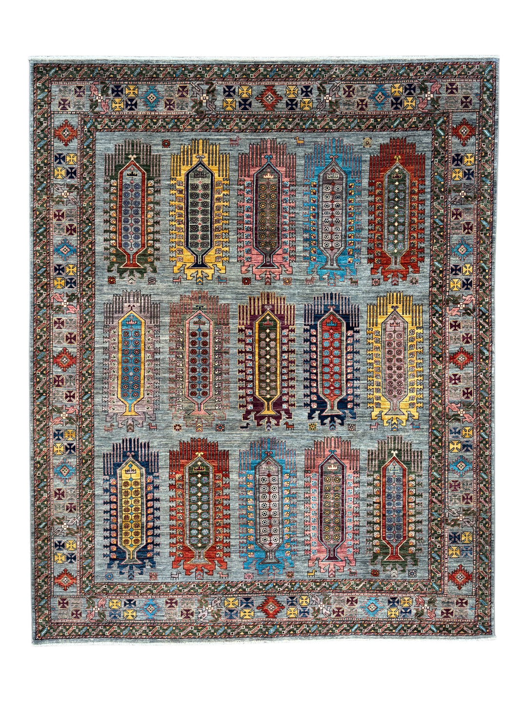Slate Blue Multicolor Geometric Wool Rug – 8’1” x 10’0”