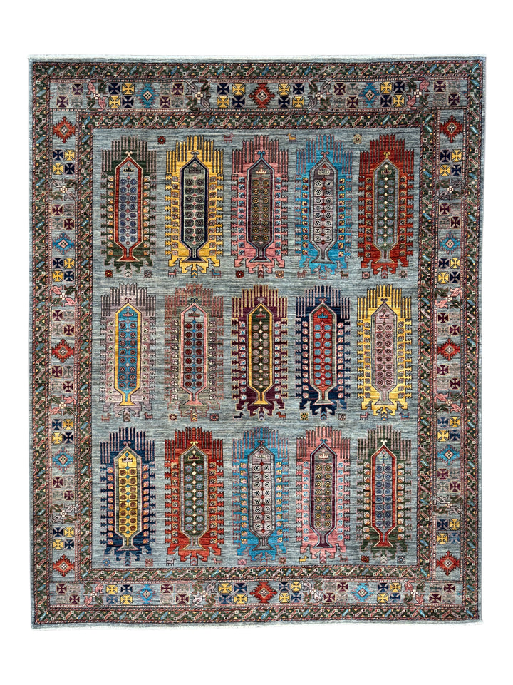 Slate Blue Multicolor Geometric Wool Rug – 8’1” x 10’0”