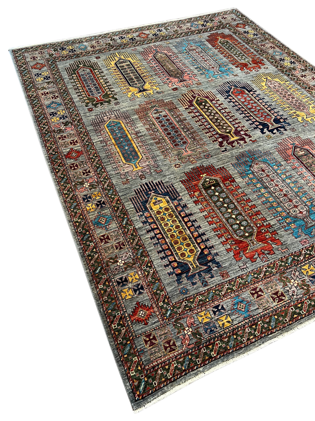 Slate Blue Multicolor Geometric Wool Rug – 8’1” x 10’0”